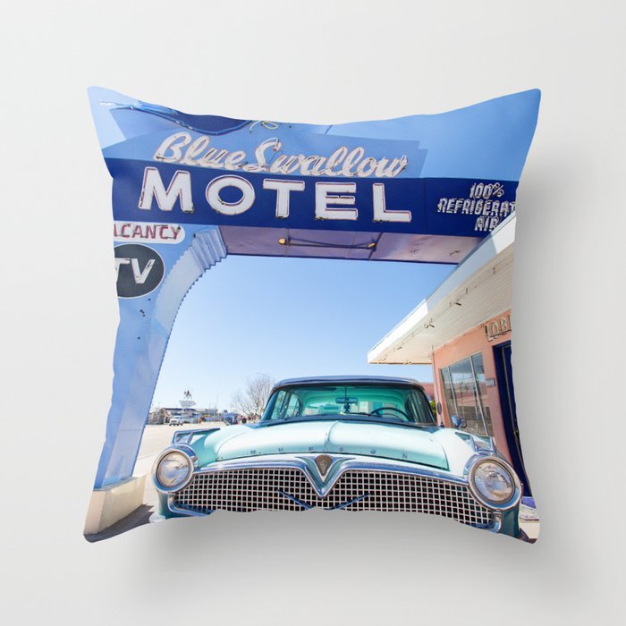 Blue Swallow Motel & Vintage Car - Travel Photography Throw Pillow