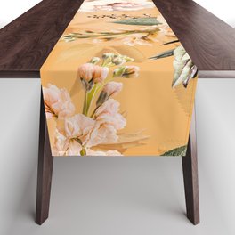 Peach Roses Bouquets On Sunny Orange Pattern  Table Runner