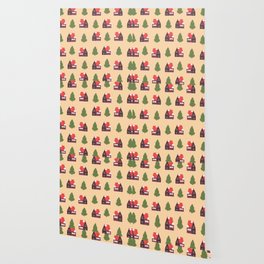 Cute House And Christmas Tree Print Pastel Color Pattern Wallpaper
