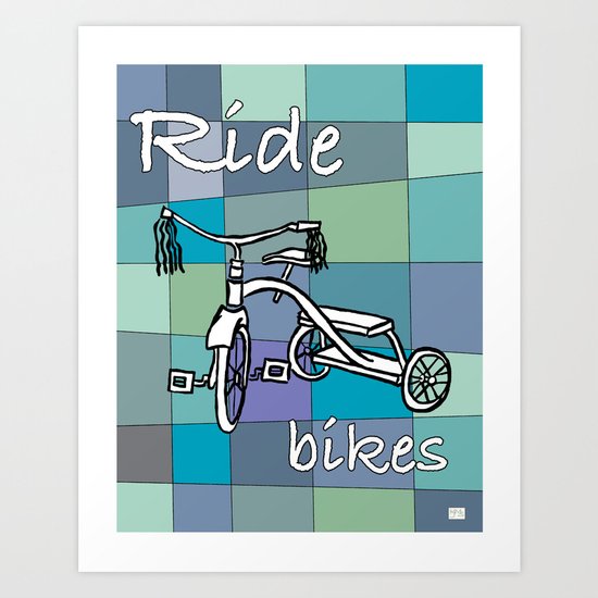 Ride Bikes on Retro Mid Century Blue Palette Background Art Print