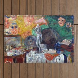 Attributes of an artist's studio & palette surrealism portrait painting by James Ensor Outdoor Rug