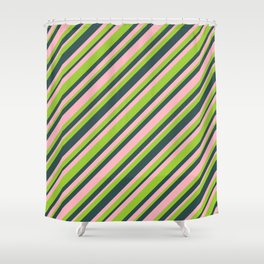 [ Thumbnail: Light Pink, Green & Dark Slate Gray Colored Striped/Lined Pattern Shower Curtain ]