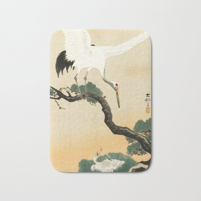 Crane and its chicks on a pine tree  - Vintage Japanese Woodblock Print Art Bath Mat