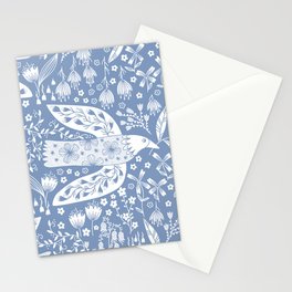 Doves and Flowers Bird Art White on Blue Stationery Card