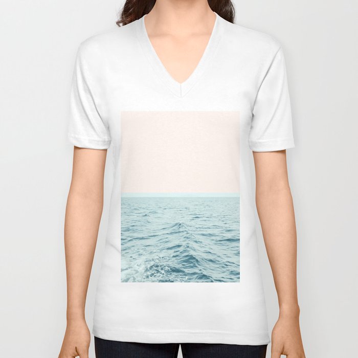 Sea Breeze, Minimal Nature Ocean Photography, Scenic Landscape Pastel Luxe Sea V Neck T Shirt
