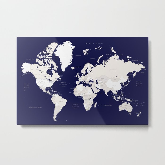 Navy blue and cream world map, "Austin" Metal Print
