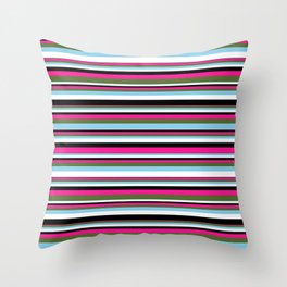 [ Thumbnail: Vibrant Deep Pink, Dark Olive Green, Sky Blue, White, and Black Colored Lined/Striped Pattern Throw Pillow ]