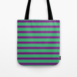[ Thumbnail: Sea Green and Purple Colored Stripes Pattern Tote Bag ]