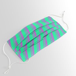 [ Thumbnail: Orchid and Green Colored Lined/Striped Pattern Face Mask ]