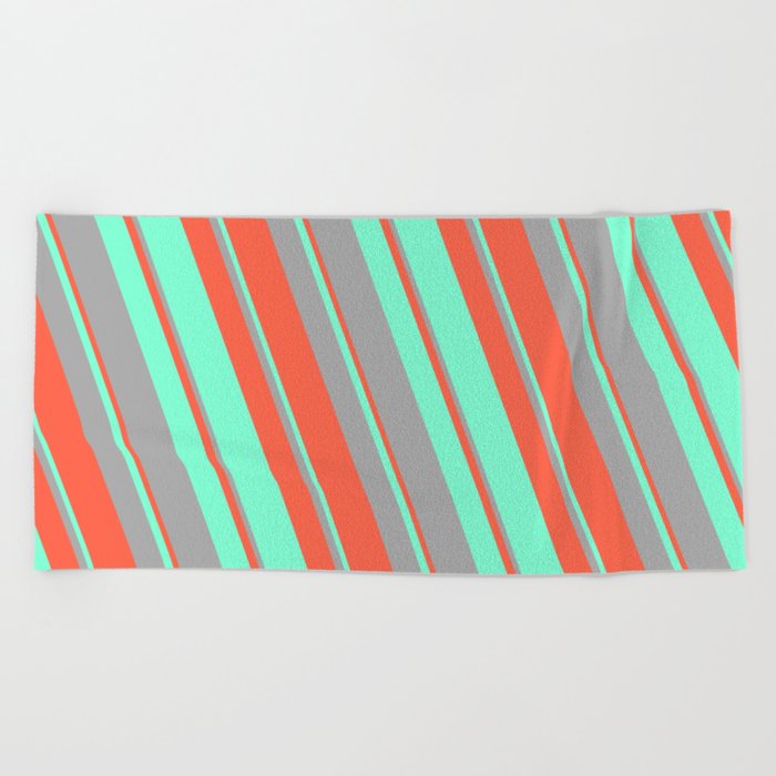 Red, Aquamarine, and Dark Grey Colored Lined/Striped Pattern Beach Towel