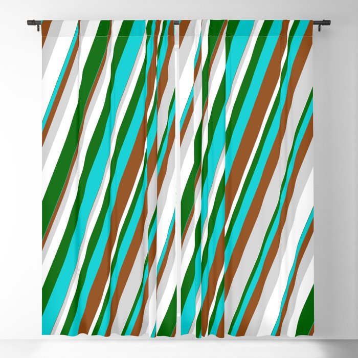 Eyecatching Dark Turquoise, Brown, Light Gray, White & Dark Green Colored Lined Pattern Blackout Curtain