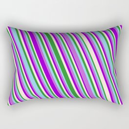 [ Thumbnail: Eye-catching Forest Green, Sky Blue, Orchid, Dark Violet, and Beige Colored Striped/Lined Pattern Rectangular Pillow ]