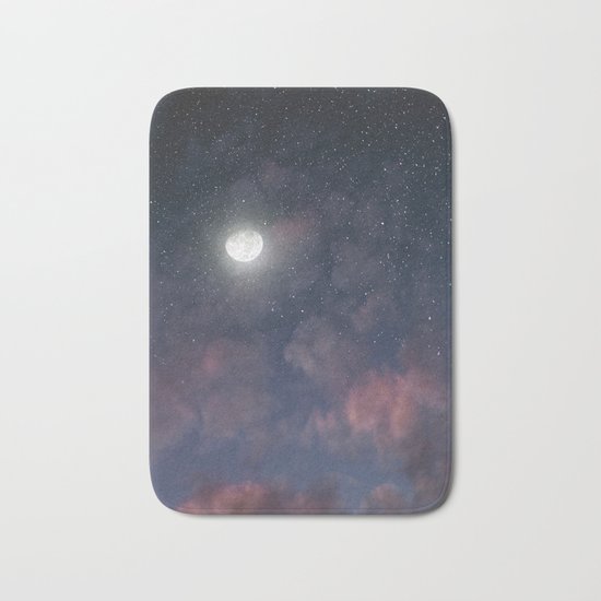 Glowing Moon on the night sky through pink clouds Bath Mat