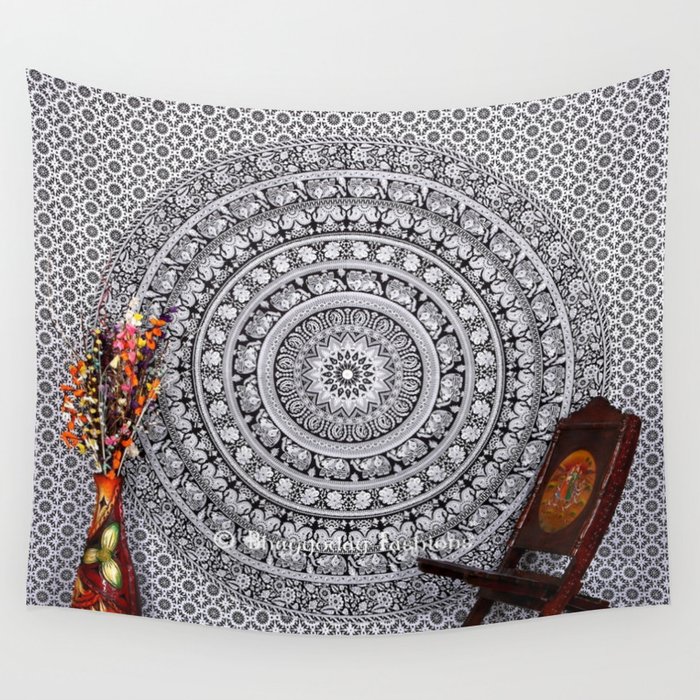 Black And White Hippie Elephant Tapestry Wall Hanging Wall