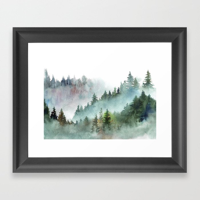 Watercolor Pine Forest Mountains in the Fog Gerahmter Kunstdruck
