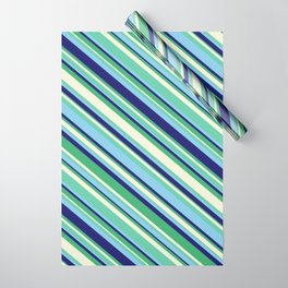 [ Thumbnail: Eyecatching Aquamarine, Sky Blue, Midnight Blue, Sea Green & Beige Colored Striped/Lined Pattern Wrapping Paper ]