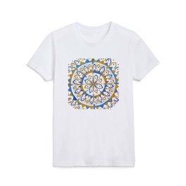 Metallic Blue and Gold Acrylic Painting Mandala Square with White Background Kids T Shirt