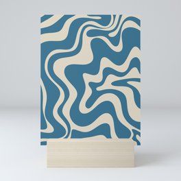 Retro Liquid Swirl Abstract Pattern in Beige and Boho Blue Mini Art Print