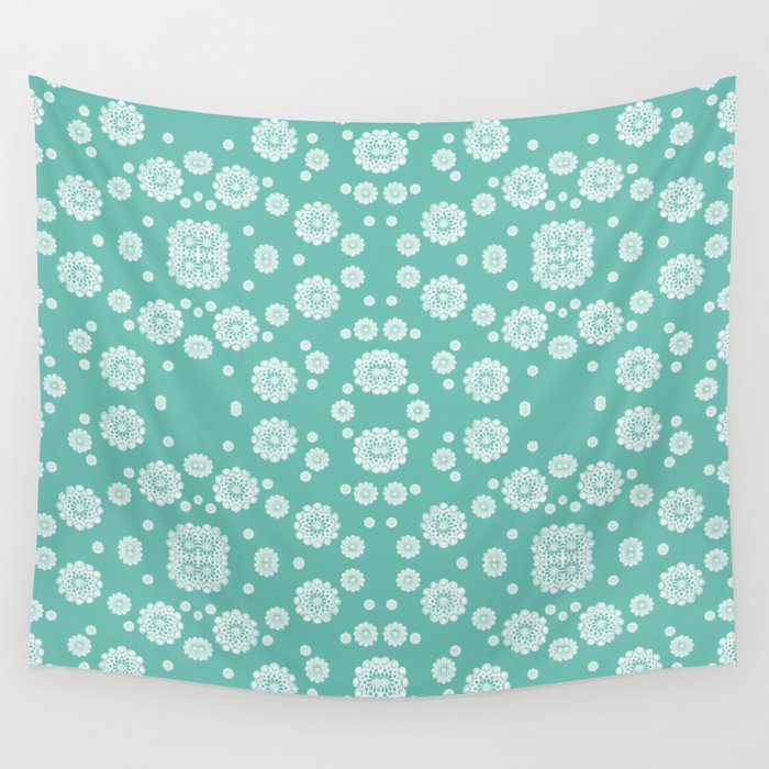 White Lace Pattern - Teal Wall Tapestry