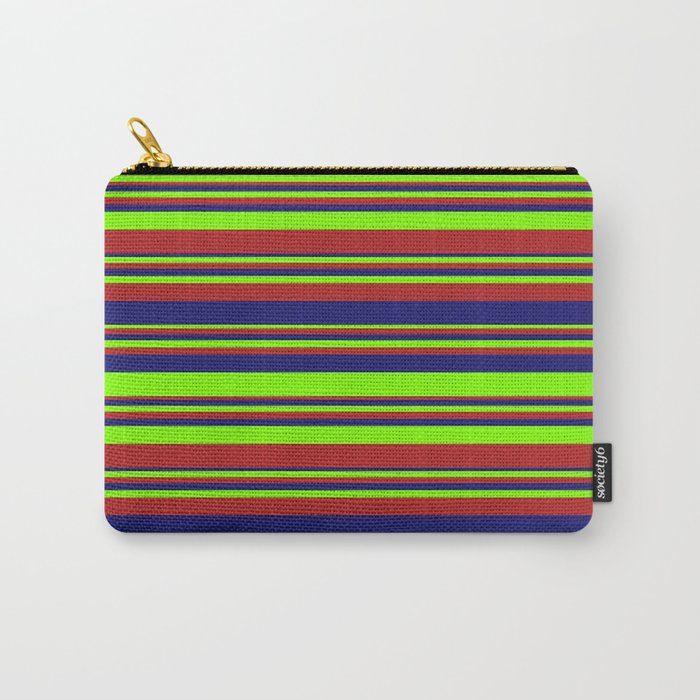 Chartreuse, Red, and Midnight Blue Colored Striped Pattern Carry-All Pouch