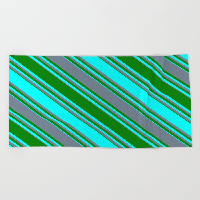 Slate Gray, Green & Cyan Colored Stripes/Lines Pattern Beach Towel