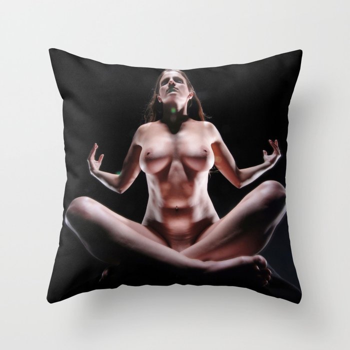 8709s-LP Sensual Seated Art Nude Square Format Powerful Bare Chested Woman Cross Legged Throw Pillow