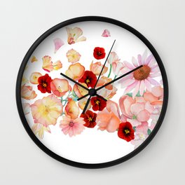 flowering Wall Clock | Yellow, Flowers, Poppies, Echinacea, Lavender, Blowingflowers, Painting, Spring, Pink, Watercolor 