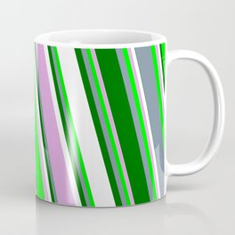 [ Thumbnail: Vibrant Plum, Lime, Light Slate Gray, Dark Green & White Colored Lines/Stripes Pattern Coffee Mug ]