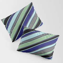 [ Thumbnail: Powder Blue, Dark Sea Green, Midnight Blue, Dim Gray, and Black Colored Striped/Lined Pattern Pillow Sham ]