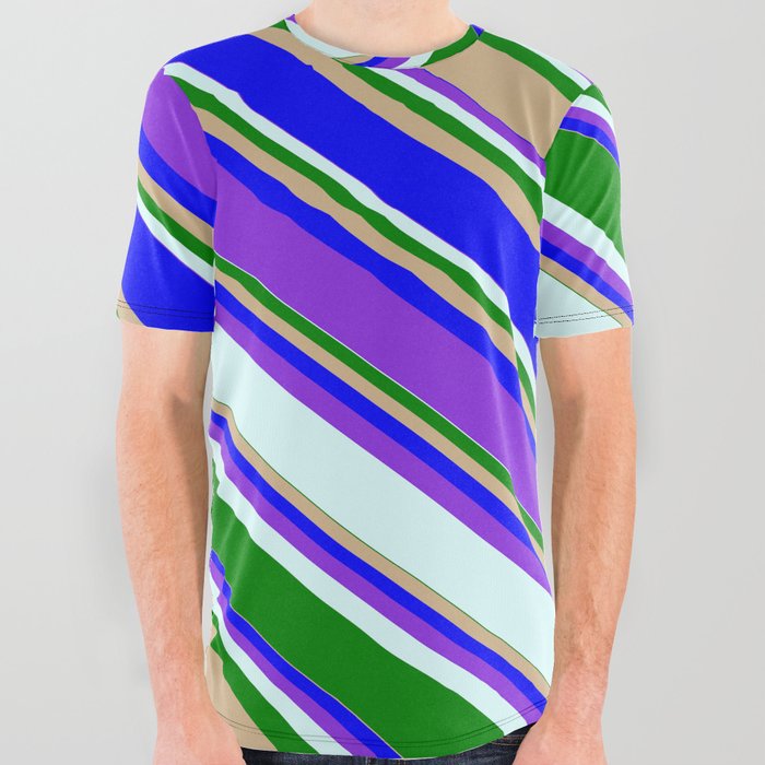 Colorful Green, Tan, Blue, Purple, and Light Cyan Colored Striped/Lined Pattern All Over Graphic Tee