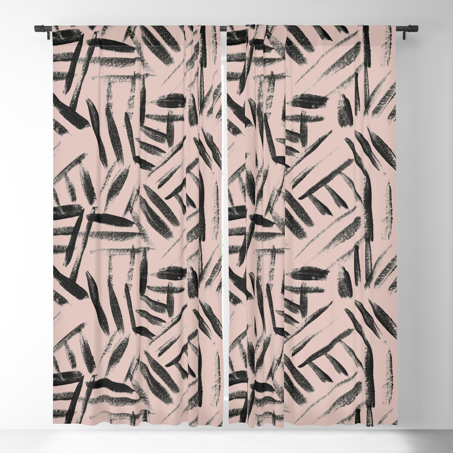 Pale Pink With Black Brushstrokes Abstract Art Blackout Curtain By
