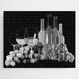 Black and White Graphic Art Composition Of Grapes, Wine Glasses, and Bottles Jigsaw Puzzle