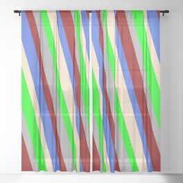 [ Thumbnail: Vibrant Bisque, Lime, Dark Gray, Dark Red, and Royal Blue Colored Stripes Pattern Sheer Curtain ]