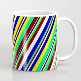 [ Thumbnail: Maroon, White, Blue, Yellow & Green Colored Striped Pattern Coffee Mug ]