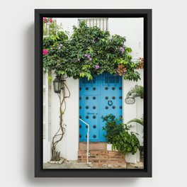 Blue door with Plants in Cartagena Colombia - wooden door - Caribbean vibe Framed Canvas