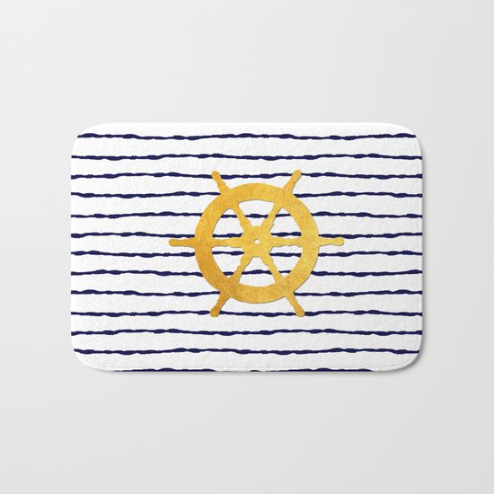 Marine pattern- Navy blue white striped with golden wheel Bath Mat