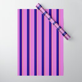 [ Thumbnail: Deep Pink, Beige, Purple, Dark Blue, and Orchid Colored Stripes Pattern Wrapping Paper ]