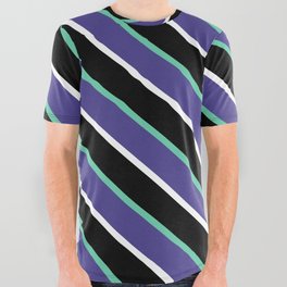 [ Thumbnail: Aquamarine, Dark Slate Blue, White, and Black Colored Striped/Lined Pattern All Over Graphic Tee ]