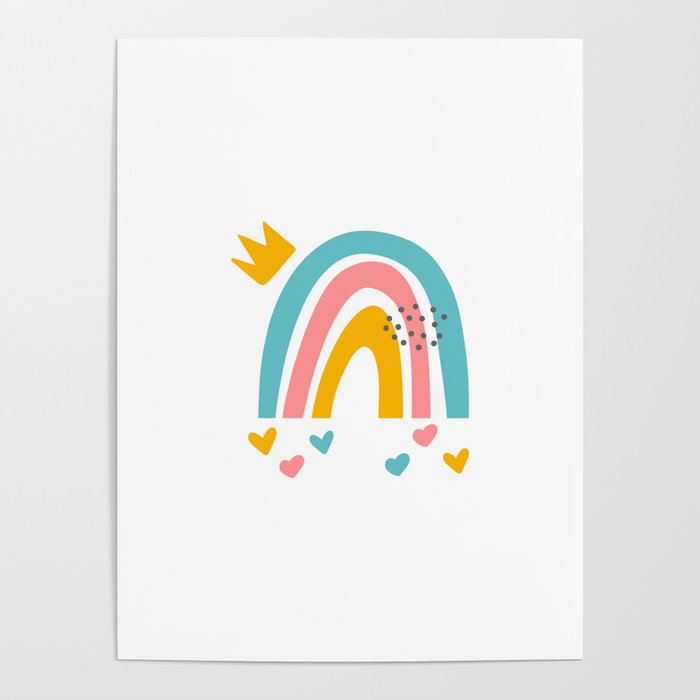 Blue Orange Pink Rainbow Polka Dots Hearts Crown Doodles Shape Simple Minimal Graphic Design Poster