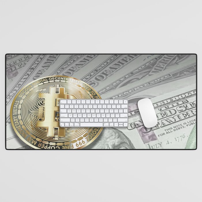 Bitcoin with dollar bills, cryptocurrency concept Desk Mat