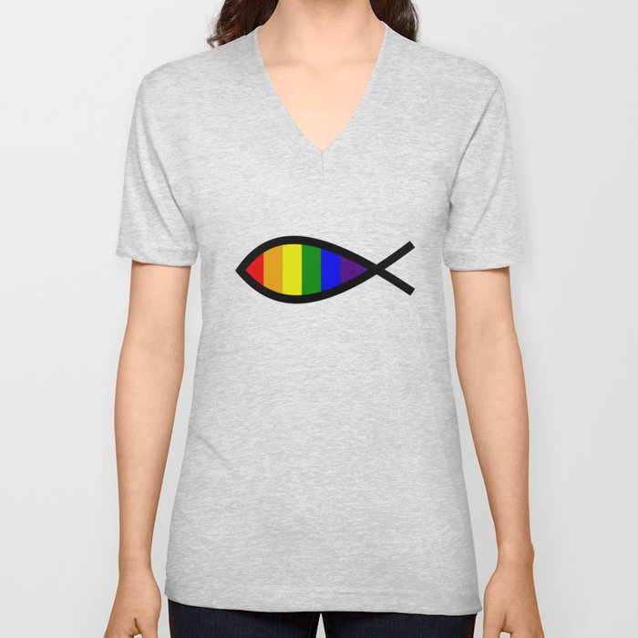 Rainbow Christian fish symbol for LGBT inclusive church V Neck T Shirt