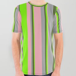 [ Thumbnail: Light Pink, Dark Grey, Dark Olive Green, and Chartreuse Colored Lines/Stripes Pattern All Over Graphic Tee ]
