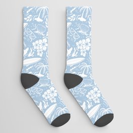 Pale Blue and White Surfing Summer Beach Objects Seamless Pattern Socks