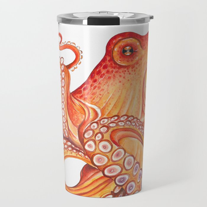 Red Octopus Kraken Tentacles on White Watercolor Art Travel Mug