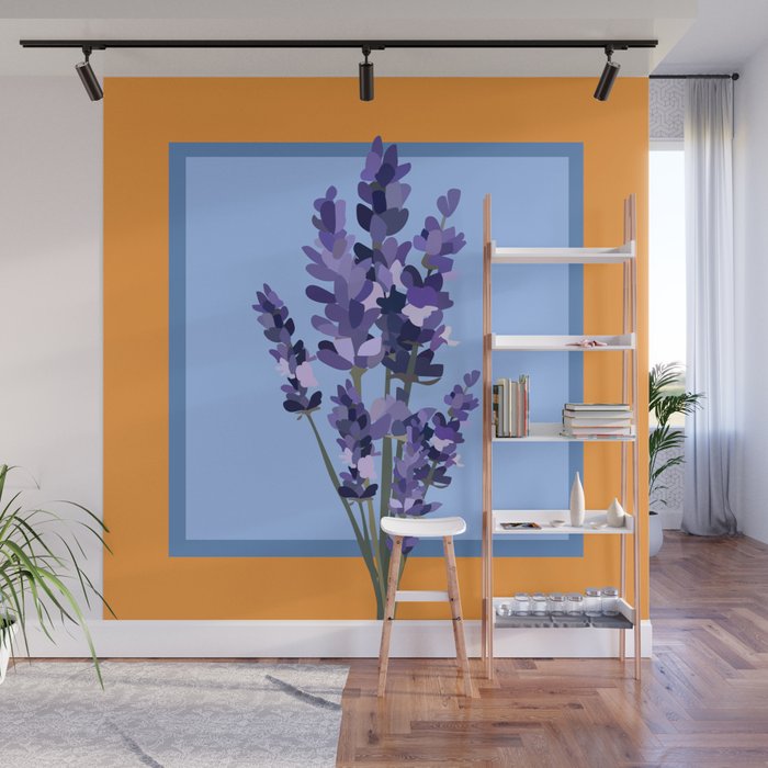 Floral Lavender Bouquet Design Pattern on Orange and Blue Wall Mural