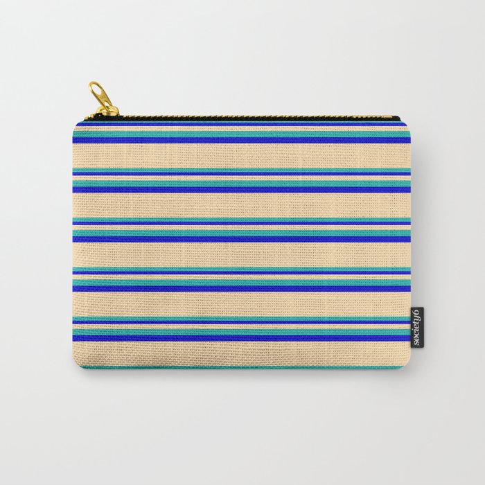 Tan, Light Sea Green & Blue Colored Striped Pattern Carry-All Pouch