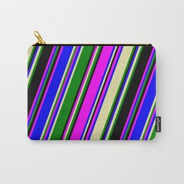 [ Thumbnail: Eye-catching Fuchsia, Blue, Pale Goldenrod, Green, and Black Colored Pattern of Stripes Carry-All Pouch ]