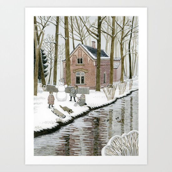Children Building A Snowman Art Print