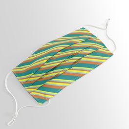 [ Thumbnail: Yellow, Light Sky Blue, Chocolate & Teal Colored Pattern of Stripes Face Mask ]