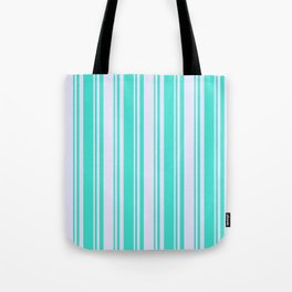 [ Thumbnail: Lavender & Turquoise Colored Pattern of Stripes Tote Bag ]